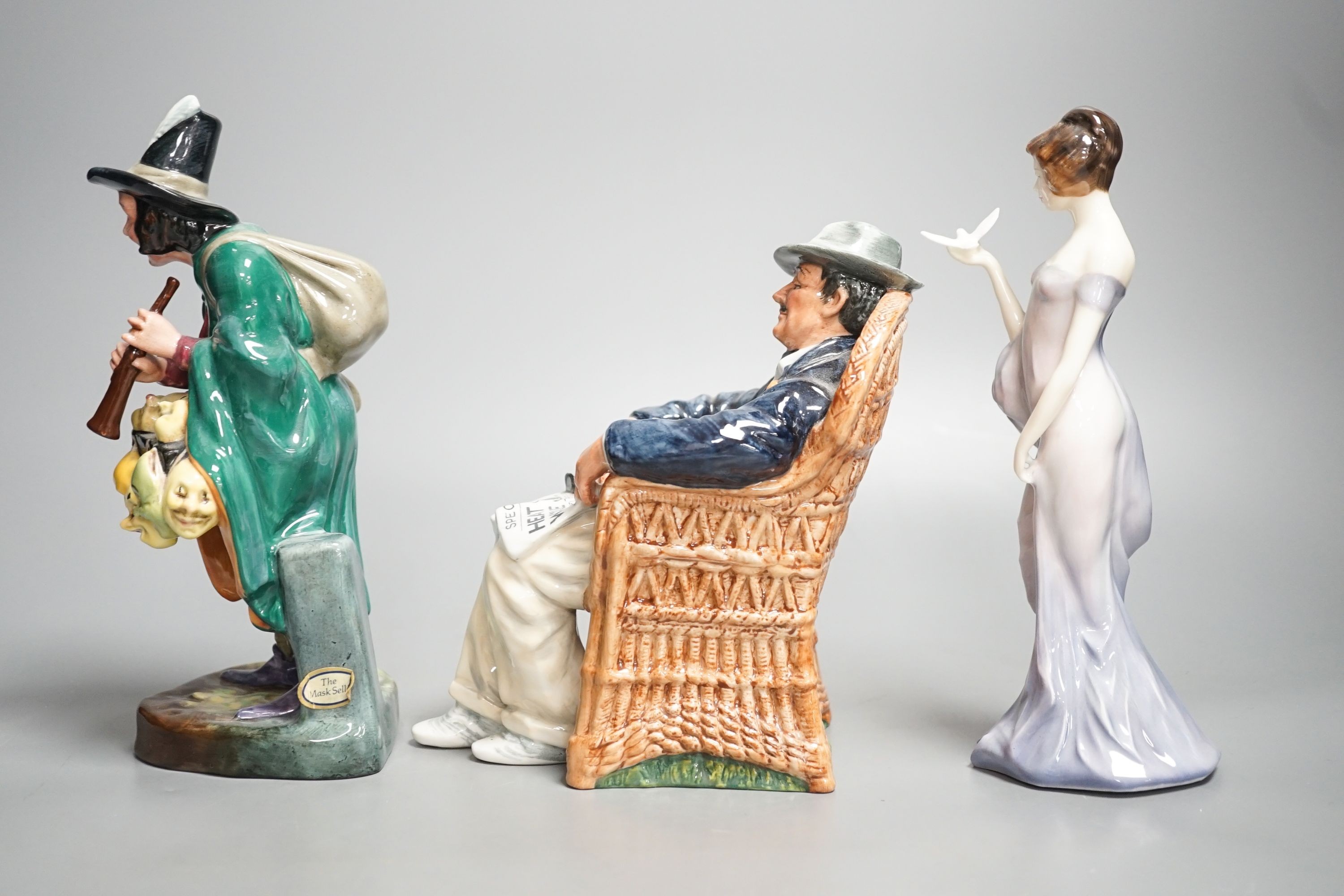 Three Royal Doulton figures, Harmony, Taking Things Easy, The Mask Seller